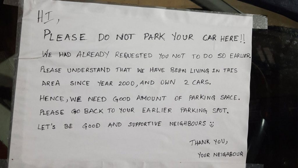 Koramangala resident stick note on car