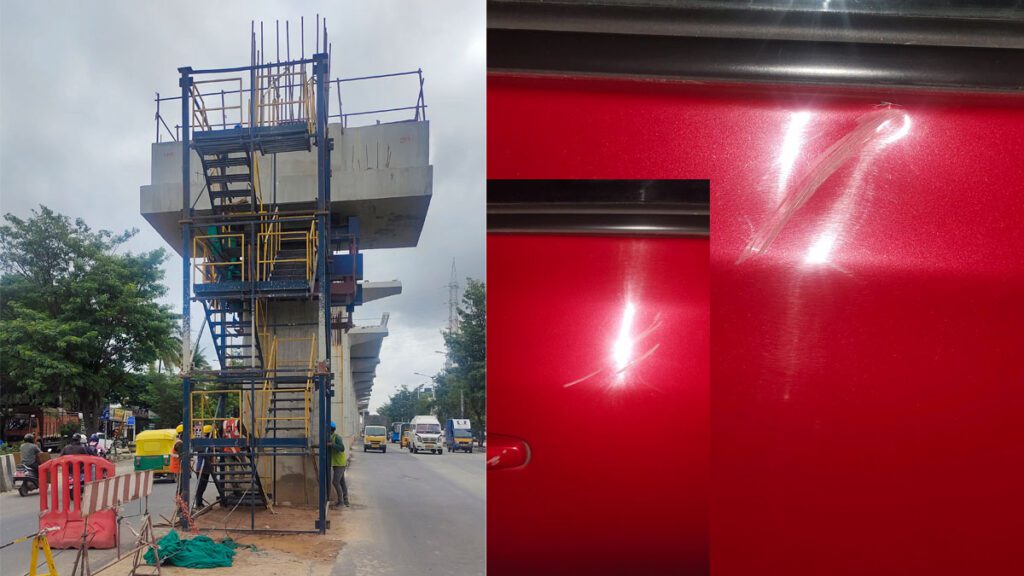 An iron rod fell onto the car from the BMRCL metro construction site Bangalore Beware of BMRCL manasa Bagmane Tech Park