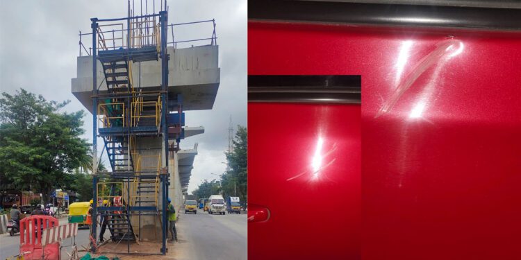An iron rod fell onto the car from the BMRCL metro construction site Bangalore Beware of BMRCL manasa Bagmane Tech Park